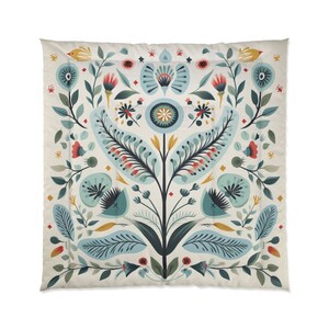 Scandinavian "Botanical Elegance" Blue Green Floral Comforter | Boho Folk Art Flower Blanket | Nordic Botanical Bedding | Cottage Core Decor