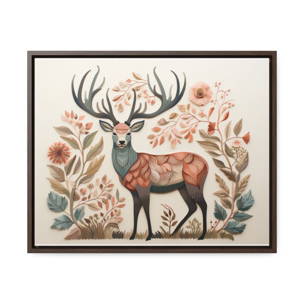 Scandinavian 3D Paper Art Floral Stag Wall Art | Rustic Textured Deer Print | Folk Art Animal Motif | Unique Framed Boho Canvas Wall Art