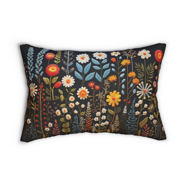Scandinavian Kurbits Floral "Midnight Meadows" Red Yellow White Blue Lumbar Pillow | Folk Art | Bright Flower Print | Boho Cottagecore Decor