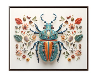 Paper Craft Ornate Horned Beetle Art | Folk Art | Beetle Wall Art | Floral Design | Beetle Print | Boho Wall Art | Colorful Wall Art