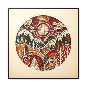 Paper Craft Inspired "Autumnal Radiance" 3D Landscape Framed Canvas Wall Art | Minimal Boho Folk Art | Red Brown White Mountain Design