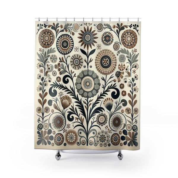 Nordic "Botanical Elegance" Neutral Floral Geometric Shower Curtain | Cream Black Flowers Bath Curtain | Modern Botanical Boho Bath Decor