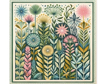 Arte della parete floreale linocut scandinava dai colori vivaci / Stampa botanica linocut minimalista Boho / Design di fiori selvatici di arte popolare nordica