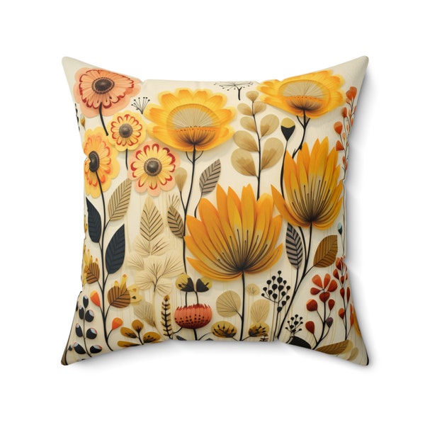 Scandinavian  Kurbits "Sunlit Folk Garden" Throw Cushion | Cream Yellow Red Flower Throw Pillow | Folk Art Design | Bright Boho Floral Print