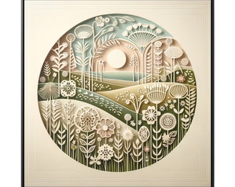 Paper Craft Inspired "Wildflower Meadows" Landscape Framed Canvas Wall Art | Minimal Boho Folk Art |  Cream Green Brown Flower Design
