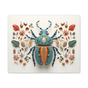 Scandinavian Ornate Horned Beetle Papercraft Wall Art | 3D Insect Wall Art | Folk Art Floral Design | Unique Bug Canvas Print | Boho Decor