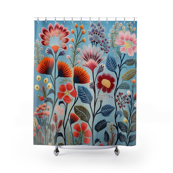 Scandinavian "Boreal Bloom" Folk Art Floral Shower Curtain | Blue Pink Orange Flowers Bath Curtain | Modern Botanical Bath | Boho Minimalist