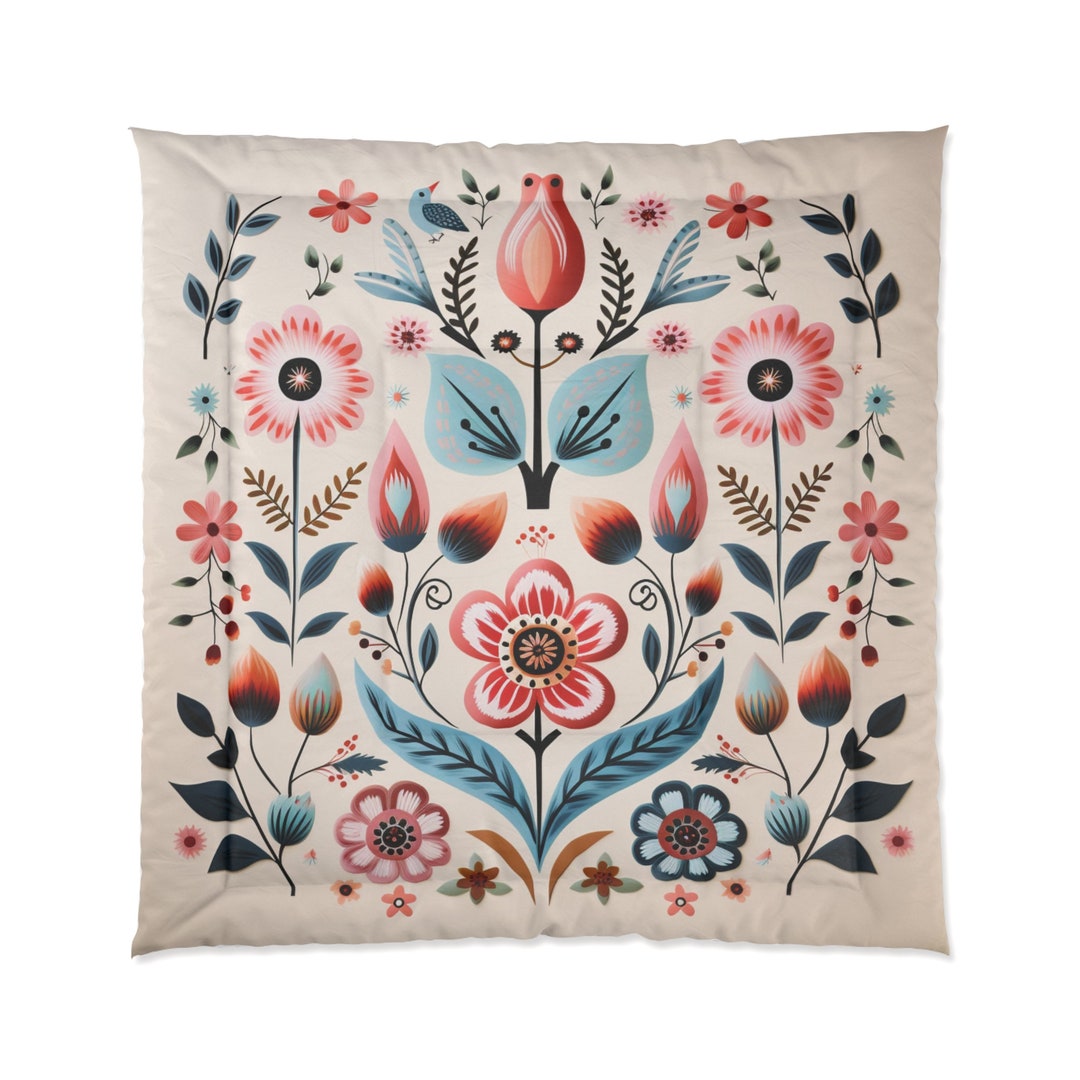 Scandinavian floral Symphony Pink Blue Tulip Floral Comforter Boho Folk