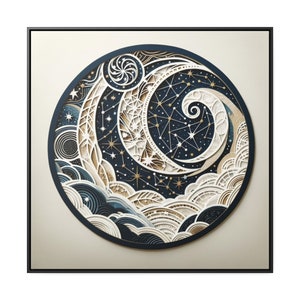 Paper Craft Inspired "Mystic Moonlit Seas" 3D Night Sky Canvas Framed Wall Art | Minimal Boho Folk Art | Blue White Gold Celestial Design