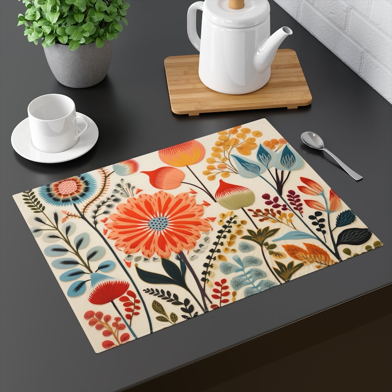 Scandinavian Kurbits Cream Orange & Blue Flower Placemat Swedish Folk Art Botanical Design