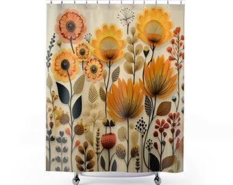 Scandinavian Kurbits "Sunlit Folk Garden" Floral Bath Curtain | Yellow Green Red Flower Shower Curtain |Bright Boho Folk Art |Bathroom Decor