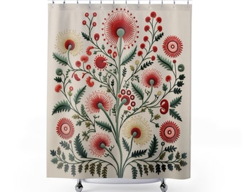 Botanical 'Nordic Flora' Cream Red and Green Flower Shower Curtain | Bright Boho Floral Print | Traditional Folk Art Design | Bathroom Decor