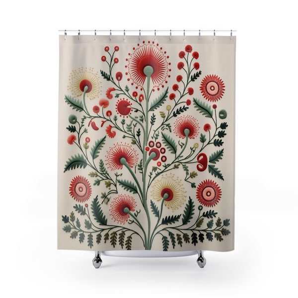 Botanical 'Nordic Flora' Cream Red and Green Flower Shower Curtain | Bright Boho Floral Print | Traditional Folk Art Design | Bathroom Decor