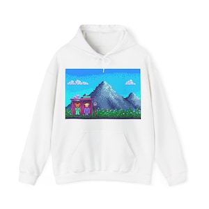 Pixel Art Hoodie - Cozy Unisex Sweatshirt with Mountain and Characters, Retro Gaming Apparel, Unique Gift for Gamers, Stardew
