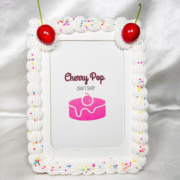 Gefälschter Kuchenbilderrahmen 4x6 oder 5x7 Fotos mit Kirschen, Zuckerguss & Streuseln | Decoden Dopamin Wanddekor Halter Holz Halter Faux Fake Bake