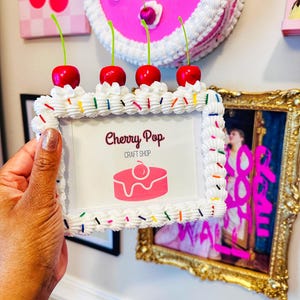 Fake Cake Picture Frame 4x6 5x7 8x10 11x14 Photos with Cherries, Icing & Sprinkles | Decoden Dopamine Wall Decor Wooden Photo Holder