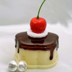 May include: A white and yellow cake with chocolate frosting and a red cherry on top. The cake is in the shape of a heart and has a white base. Two white pearl earrings with silver accents and the word "AUSA" and "PUBL" are in the foreground.