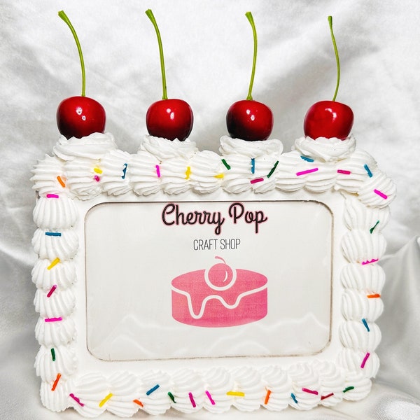 Fake Cake Picture Frame 4x6 or 5x7 Photos with Cherries, Icing & Sprinkles | Decoden Dopamine Wall Decor Wooden Photo Holder - Ready to Ship