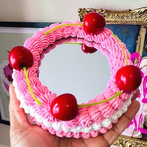 Faux Icing Cake Mirror with Cherries - Wall Mount, Cubicle Decor, Coffee Table or Shelf Display | Dopamine Decor