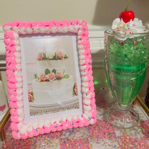 Bright Pink Fake Cake Picture Frame: Handmade Faux Icing & Sprinkles