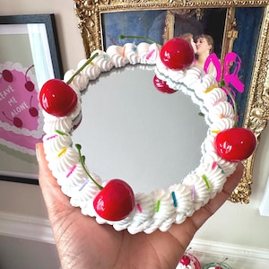Pink Faux Icing Cake Mirror with Cherries and Sprinkles - Wall Mount, Cubicle Decor, Coffee Table or Shelf Display | Dopamine Decor