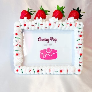 Strawberry Fake Cake Picture Frame 4x6 5x7 8x10 11x14 Photos with Strawberries Icing & Whip Cream | Decoden Dopamine Wall Decor Photo Holder