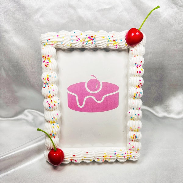Fake Cake Photo Frame 4x6 or 5x7 with Cherries & Sprinkles | Cute Wall Decor Picture Wooden Holder Faux Vintage Cake - Ready to Ship