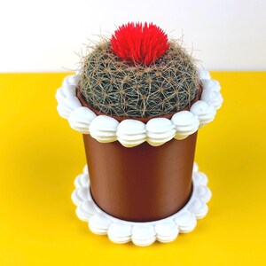 May include: A small, round cactus with sharp spines and a vibrant red flower, planted in a brown pot. The pot is decorated with white, scalloped trim, and sits on a matching saucer. The background is bright yellow.