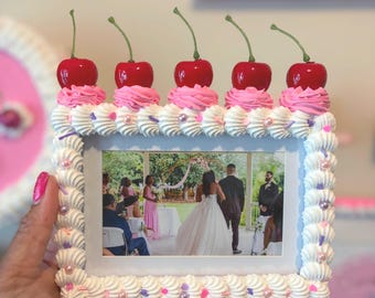 Fake Cake Picture Frame: Faux Cherry Cake Decor, Girly Photo Holder (4x6 or 5x7)