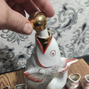 Vintage Decanter-Figurines Old 6 Vodka Shot Glasses USSR Ukrainian/FISH Shape PORCELAIN