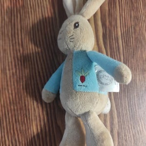 Puede incluir: Un juguete de peluche de conejo marrón que lleva una chaqueta azul con un bordado de hoja verde y zanahoria roja. El conejo tiene una cara blanca y orejas largas. El juguete tiene una etiqueta pegada en su brazo que dice "Beatrix Potter" y "El cuento de Peter Rabbit".