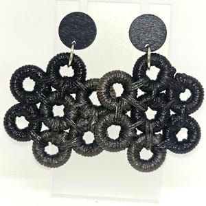 Large flower dangle earrings wood ring woven with black and grey thread