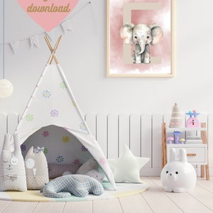 Arte digital con letras E de elefante para habitación infantil