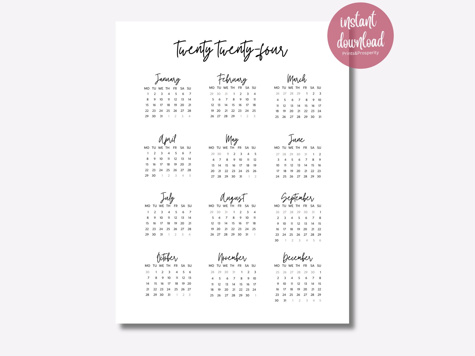 Printable 2024 Full Year Calendar 2024 Calendar Download Downloadable