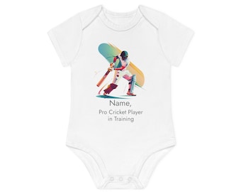 Gepersonaliseerde cricketspeler baby organische romper met korte mouwen