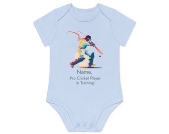 Gepersonaliseerde cricketspeler baby organische romper met korte mouwen