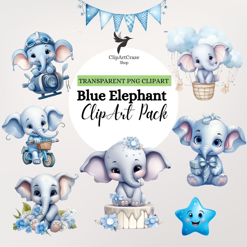 May include: A set of blue elephant clip art images. The images include an elephant riding a helicopter, an elephant riding a bicycle, an elephant sitting on a cake, an elephant holding a gift, an elephant in a hot air balloon, and a blue star with a smiling face.