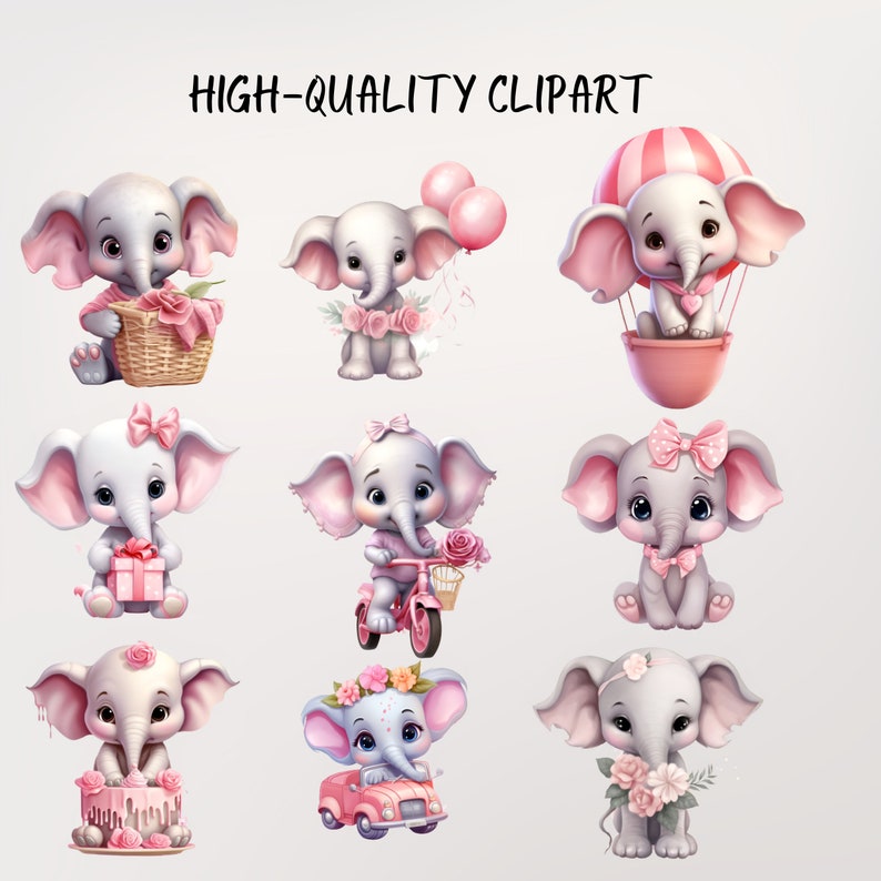 Clipart de elefante rosa: Gráficos PNG de baby shower (uso comercial) imagen 2