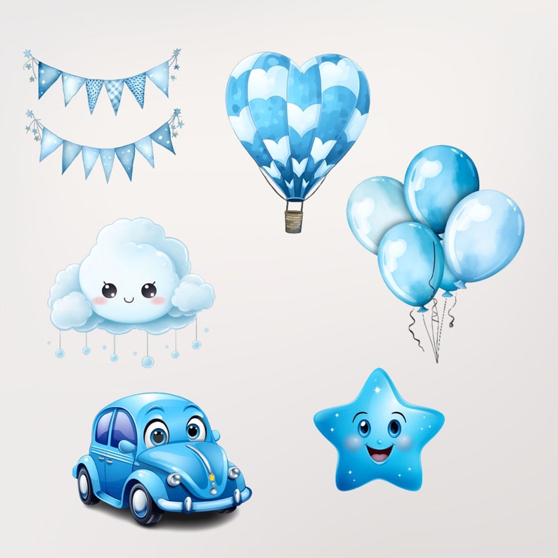 May include: A set of blue and white baby shower decorations including a hot air balloon, a cloud, a star, a car, and a string of flags.