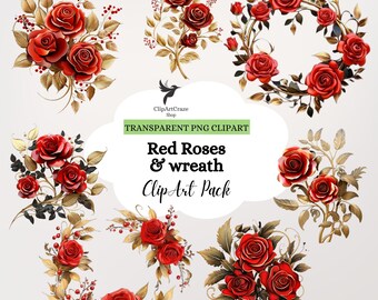 Red Rose Watercolor Clipart: Gold Leaf Floral Bouquet (PNG Digital Download)