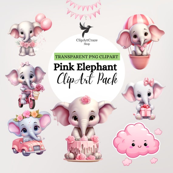 Pink Elephant Clipart: Baby Shower PNG Graphics (Commercial Use)