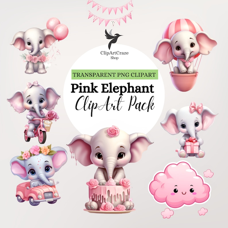 Clipart de elefante rosa: Gráficos PNG de baby shower (uso comercial) imagen 1
