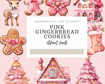 Paquete de imágenes prediseñadas de pan de jengibre rosa: Galletas navideñas de acuarela (descarga digital)