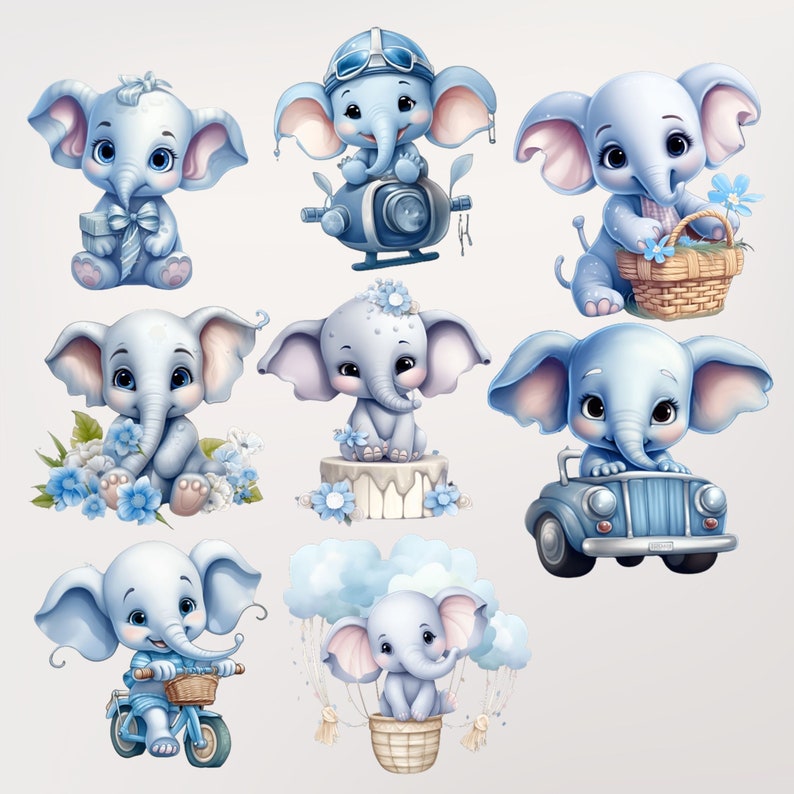 May include: Nine adorable blue baby elephant illustrations with different activities, including flying in a hot air balloon, riding a toy car, and holding a gift box.