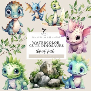 Watercolor cute Dinosaur Clipart Pack, Clipart for commercial use, Transparent PNGs, Nursery, Kids Wall Art, T-Rex, Baby Dinosaurs,cute dino
