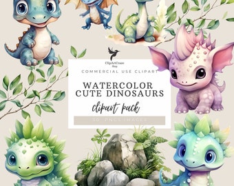 Watercolor cute Dinosaur Clipart Pack, Clipart for commercial use, Transparent PNGs, Nursery, Kids Wall Art, T-Rex, Baby Dinosaurs,cute dino