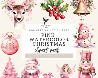 Pink Christmas Watercolor Clipart Bundle: 55 PNG/JPG Images