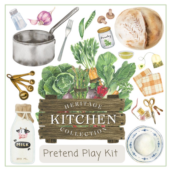 Heritage Kitchen Collection Play Kit - Dramatic Play Printable - Classroom and Home Play Center - Host a Dinner Party - Toddler & Preschool