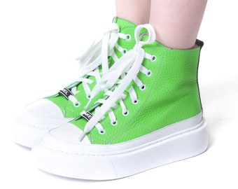 Green kids leather sneakers with white soles AKEL