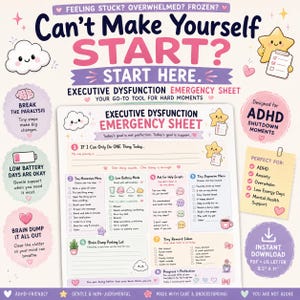 ADHD Executive Dysfunction Rescue Kit Printable ADHD Worksheets Low Energy Planner Brain Dump Dopamine Menu Mental Health PDF 8 printable